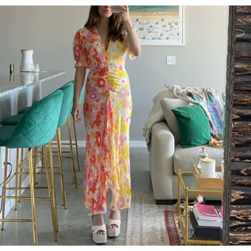 Rixo Whimsical Floral Colorblock Maxi Dress SMALL Ruched Orange Party Fun $420 - Picture 6 of 16
